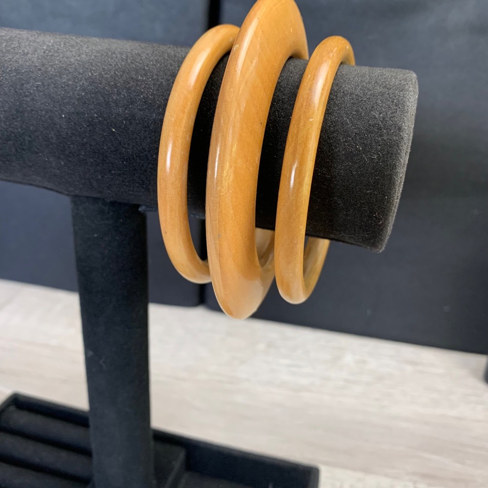 Vintage Natural Wood Bangle Bracelet Set 3 Piece Honey Tone 8 Inch Inner Circ